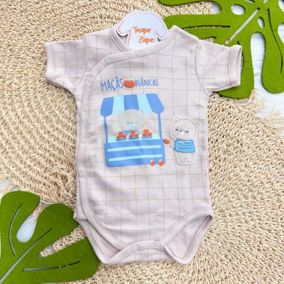 Kit 3 Peças - Bodys Manga Curta Ursos Maçãs Orgânicas - Azul Bebê, Off White e Areia